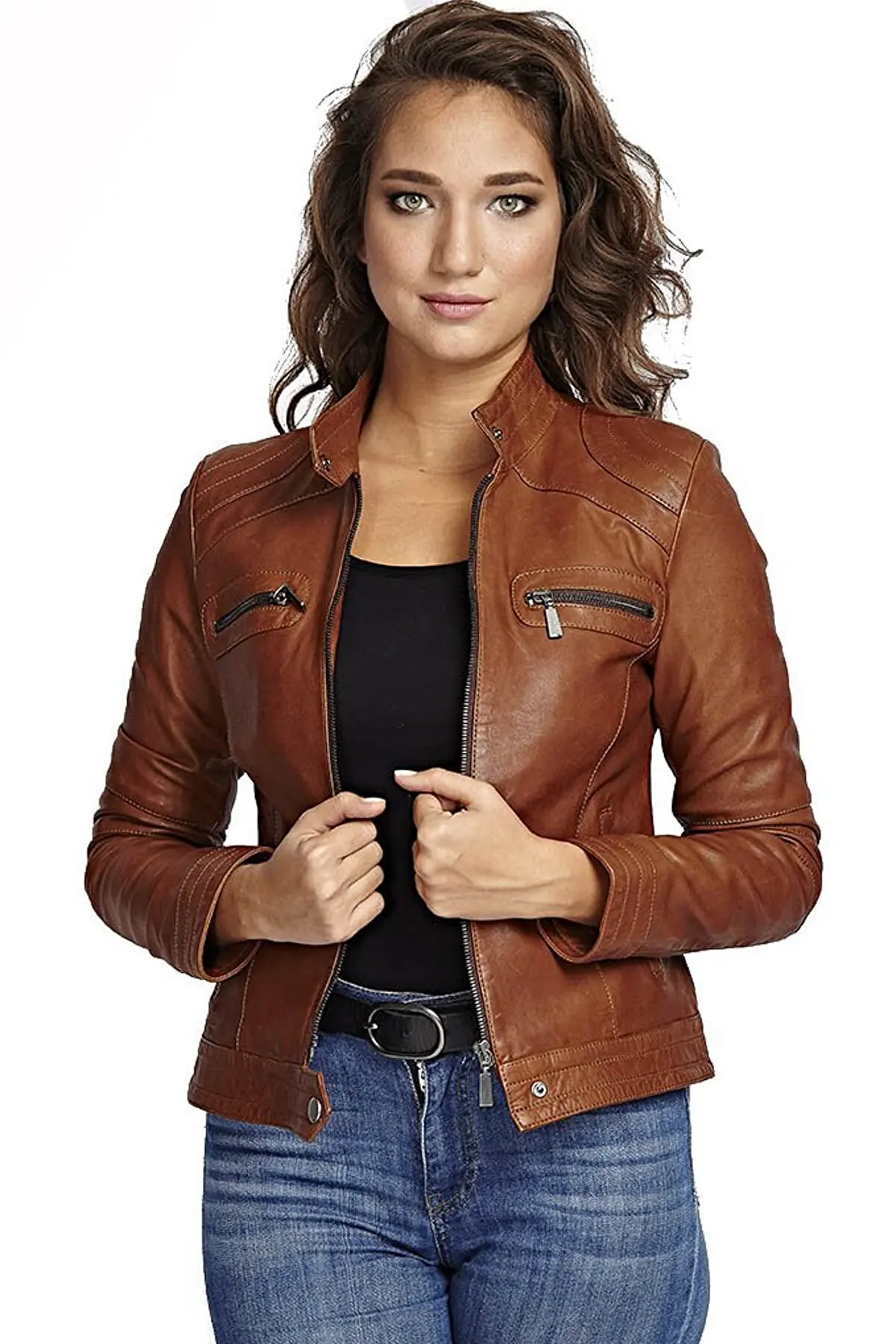 Genuine Sheepskin Brown Slim Fit Biker Jacket Women Sports Leather Coats Spring And Autumn Fashion Products Keep Warm Waterproof