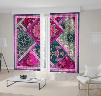 

Curtain Patchwork Pattern with Flowers Mandalas and Ornamental Frame Vintage Decorative Art Fuchsia Green