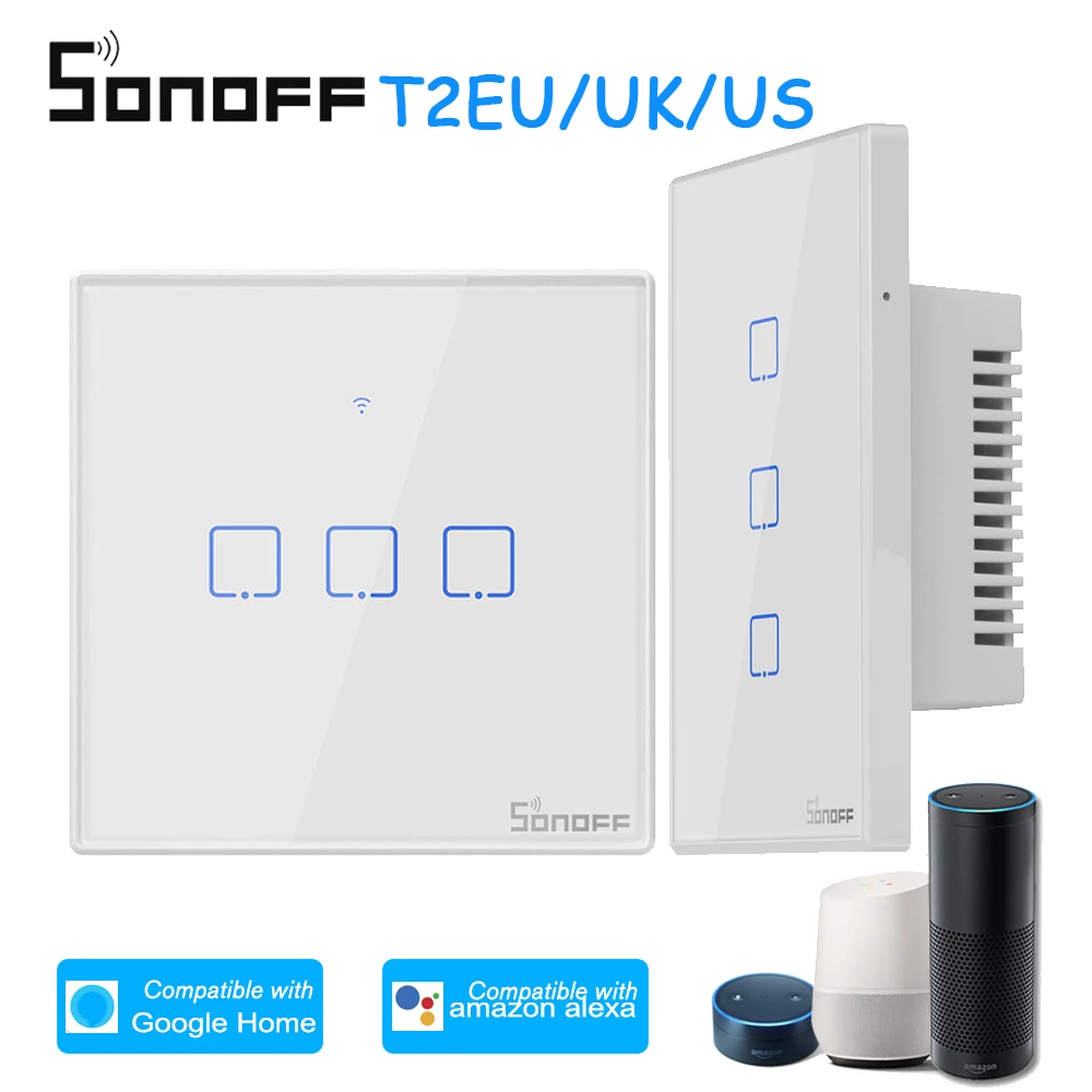 Интеллектуальный выключатель света SONOFF T2EU T2UK T2US TX Smart Wi-Fi настенный сенсорный выключатель с границы умный дом 1/2/3 433 RF/Голосовое управление/приложение/сенсорный экран Управление для Alexa