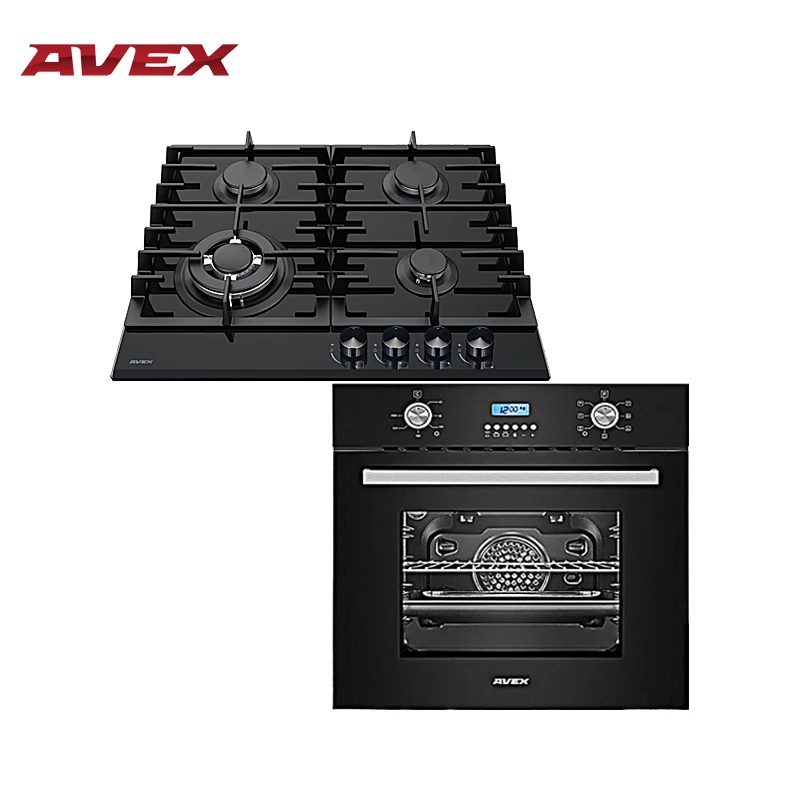 Черный Комплект AVEX: варочная панель HM 6042 B и электрическая духовка HM 6170 B(стекло, чугун, гриль, конвекция, 56л,7реж - Цвет: Черный