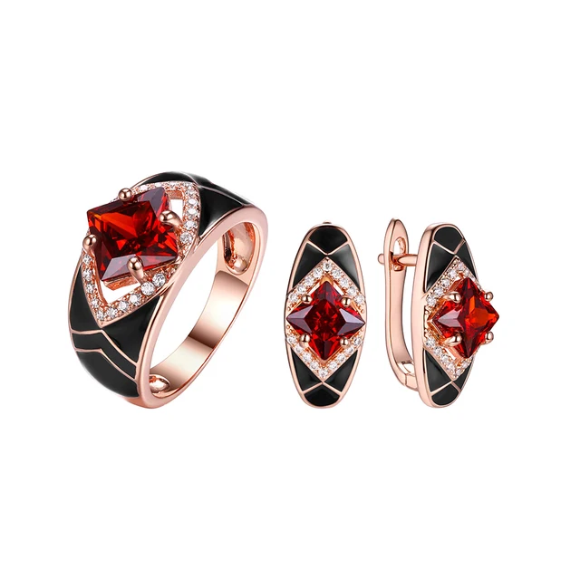 Huadie women's fashionable set of enamel decoration with zircons. Earrings and ring with a large zircon. Black enamel. new. 2022 trend Garnet Red in gold