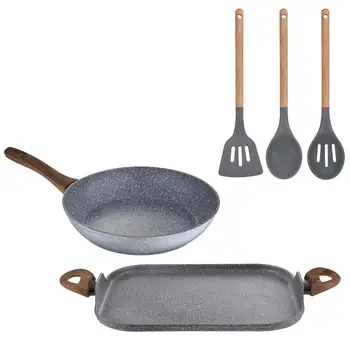 

Set of pans (26 cm) with gill Grill (28/35.5 cm) in wrought aluminium and set of 3 SAN IGNACIO utensils Daimiel collection