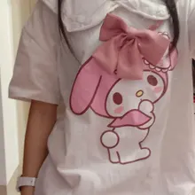 Camiseta japonesa de manga corta con estampado de dibujos animados para mujer, blusa rosa con cuello de muñeca, playera holgada suave para chica