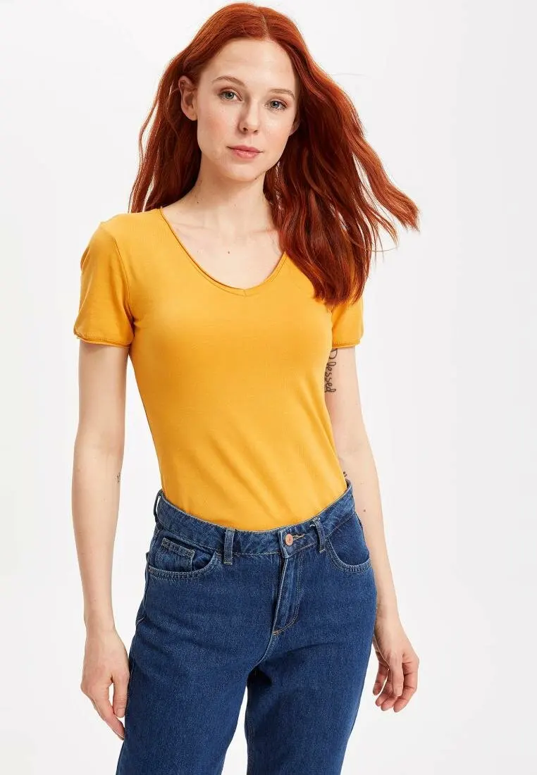 

DeFacto New Woman Solid Slim Short Sleeve T-Shirt V-neck Lady Pullovers Tops Summer Female - I1073AZ19SP