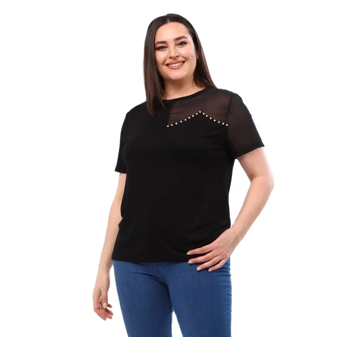 Women’s Plus Size Blouse One Sleeve Tulle And Pearl Detail, Designed and Made in Turkey, New Arrival