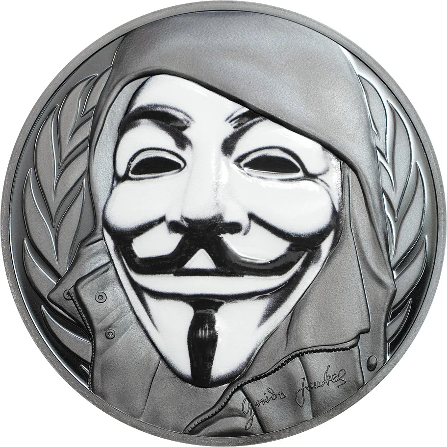 GUY FAWKES маска Anonymous V для вендетты 1 унция черный Доказательство Серебряная монета 5$ Острова Кука