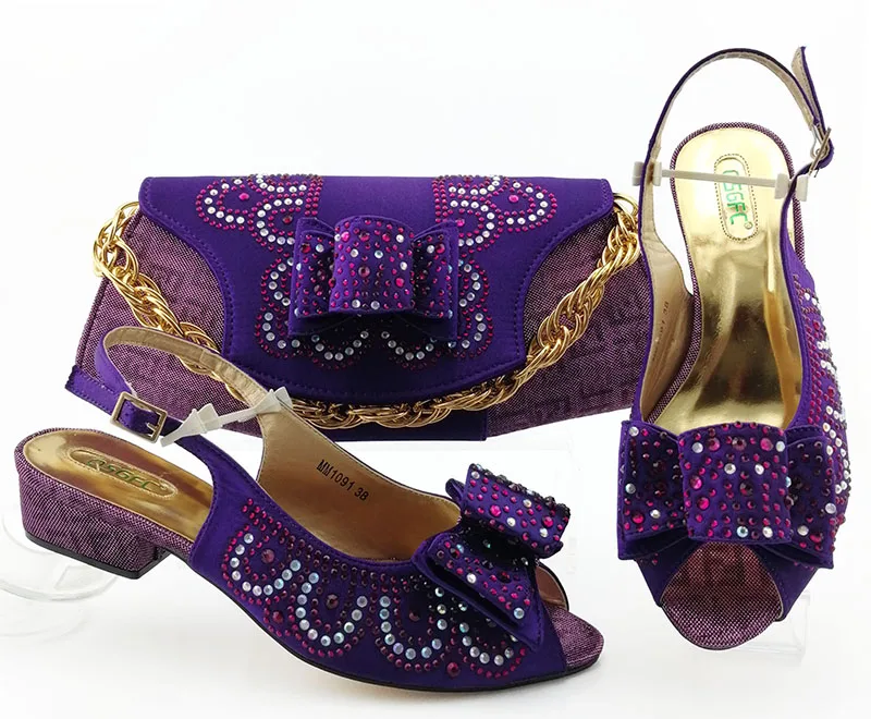 

Nice purple shoes matching bag low heel sandal shoes and clutches 2019 new fashion shoes and bag set SB8413-8