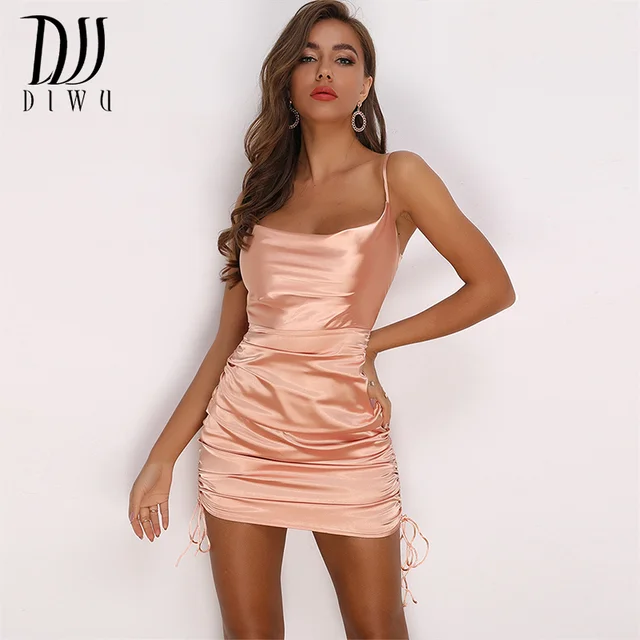 DIWU Ruched Satin Summer Dress Drawstring Spaghetti Straps Cowl Neck Backless mini Dresses for Women Party Sexy Vestidos 2022 Nude