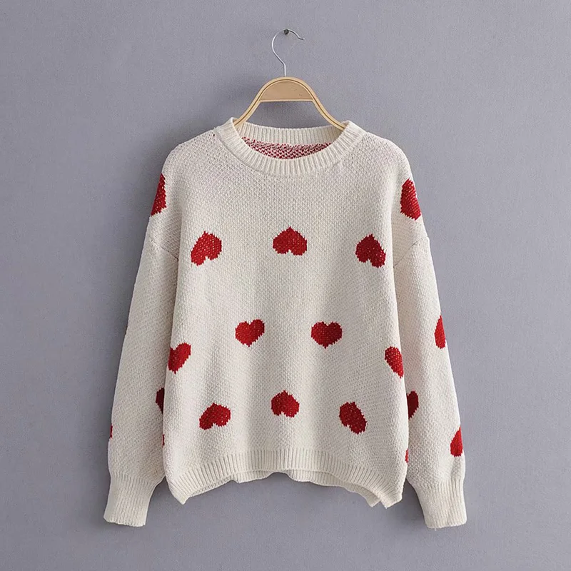 

Obrix Loose Sweet Spring Autumn Female Sweater Heart Pattern O-Neck Full Sleeve Wide Waisted Pullover For Women