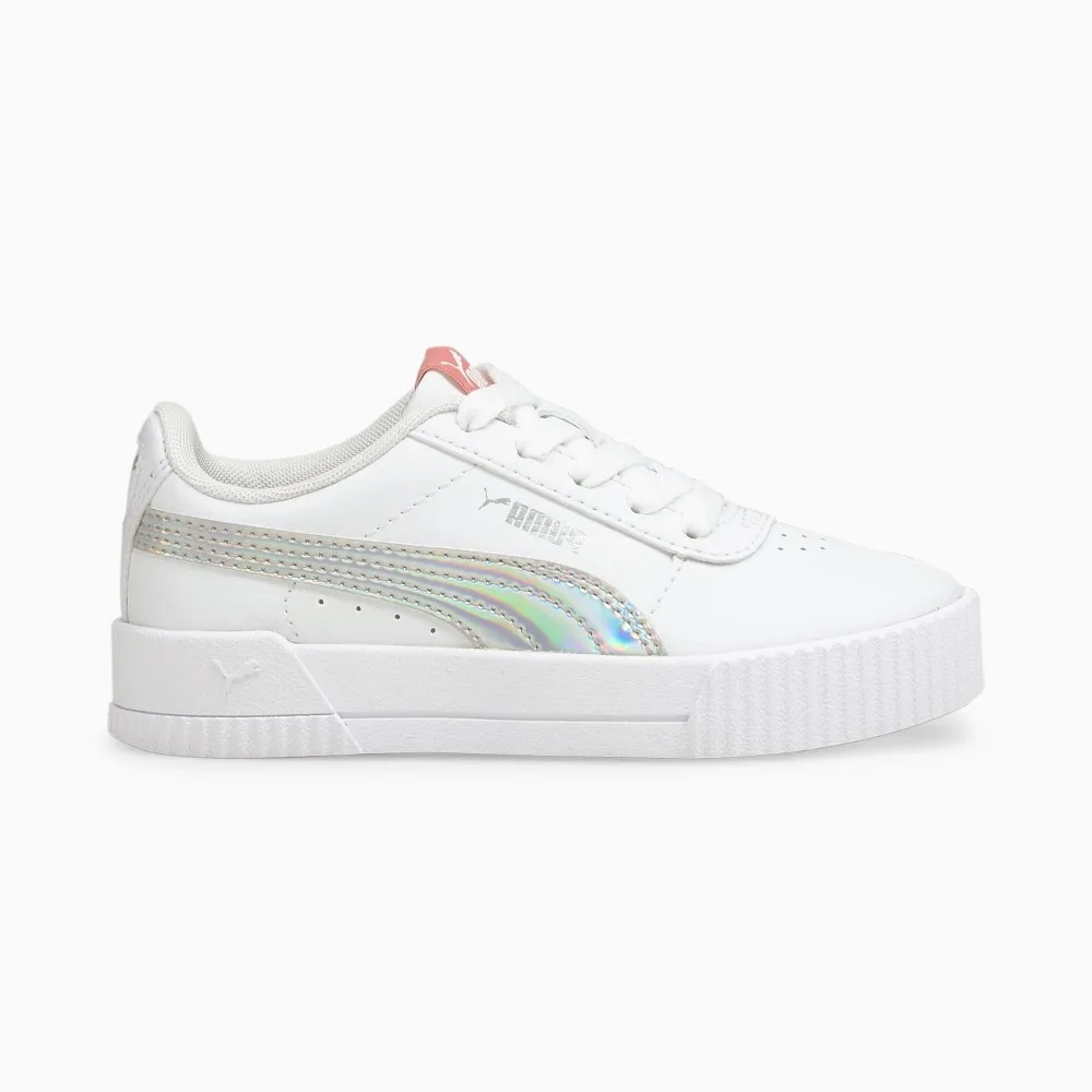 ZAPATILLA DE DEPORTE PUMA, CARINA RAINBOW PS, 380896-01, NIÑA, COLEGIAL, CASUAL, COLOR BLANCO LOGOTIPO PLATEADO, CIERRE CORDONES