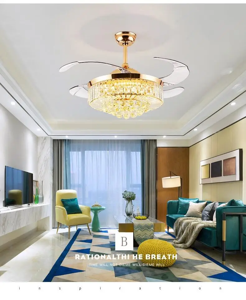 European Crystal Led Fan Light Invisible 42 Inch Silver/Gold Color Fan Light Bedroom Remote Control Ceiling