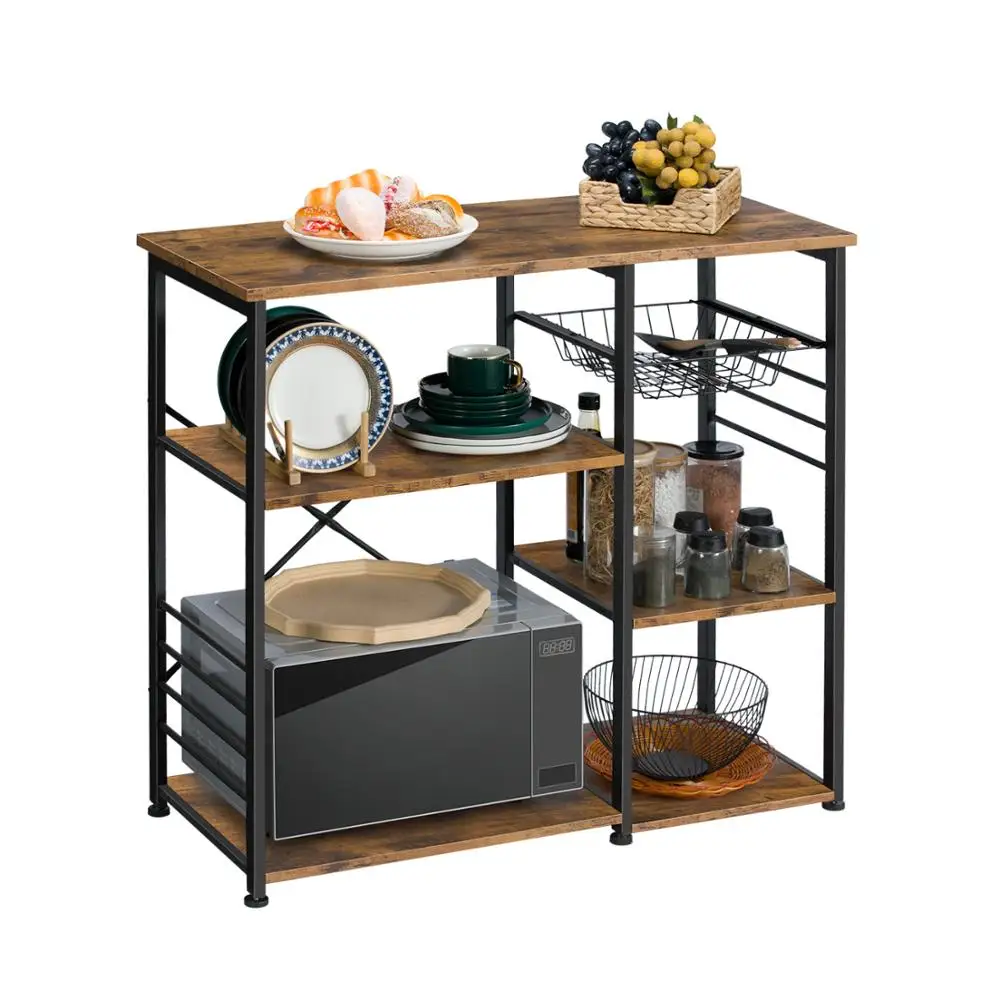 

Kitchen Baker's Rack with Wire Mesh Storage Shelf Kitchen Racks with Storage Wood Looks Accent Furniture Cabinet Rustic Brown