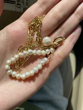 LOVOACC-collar de perlas naturales de agua dulce para mujer, cadena de eslabones gruesa dorada, cierre de palanca asimétrico, Gargantilla circular