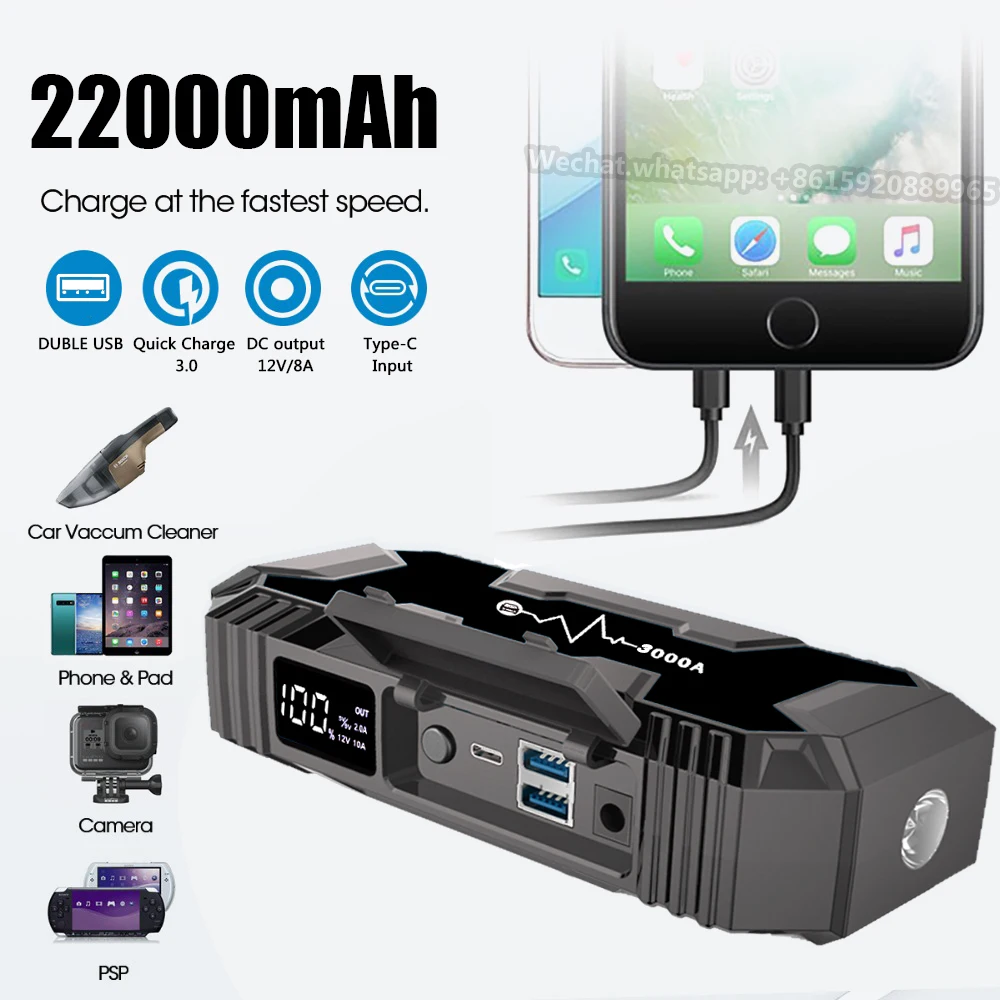 New Arrival 22000mah 3000A Car Jump Starter  Type-C Input Emergency Battery With Digital Display For Car car jumper