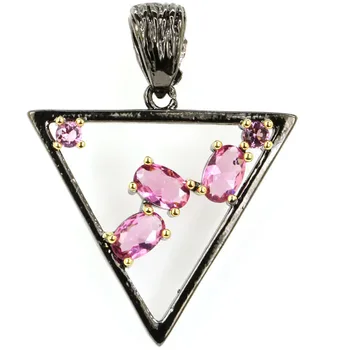 

34x23mm Sublime Antique Trangle Shape Created Pink Tourmaline Gift For Sister Black Gold Silver Pendant