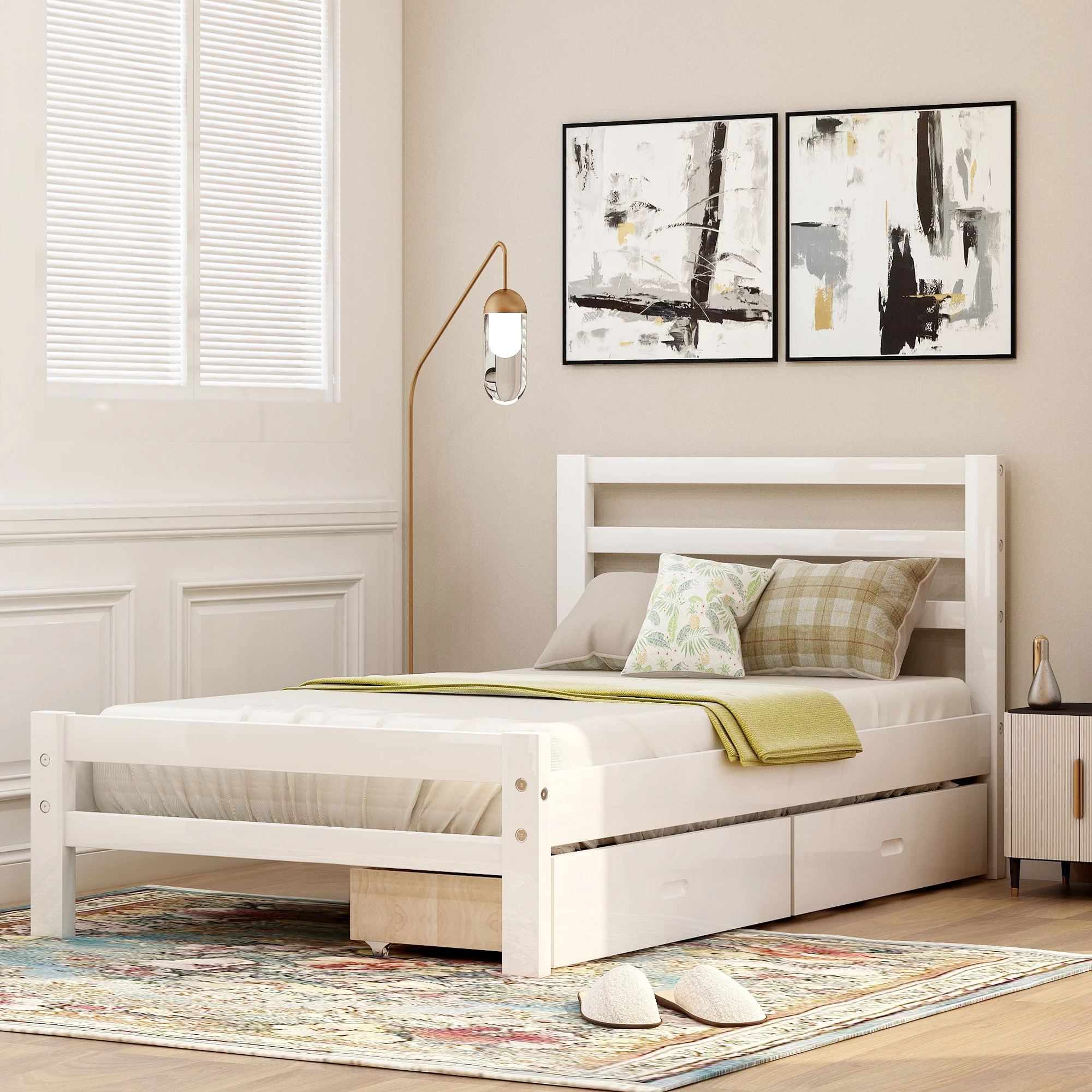 

190X100cm Wood Platform Bed Frame with two drawers Bedroom Wooden Bedstead US Free Shipping