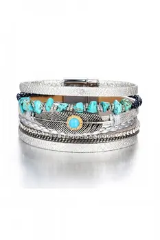 

Angemiel Blue Gray Leather Leaf Figured Womens Bracelet