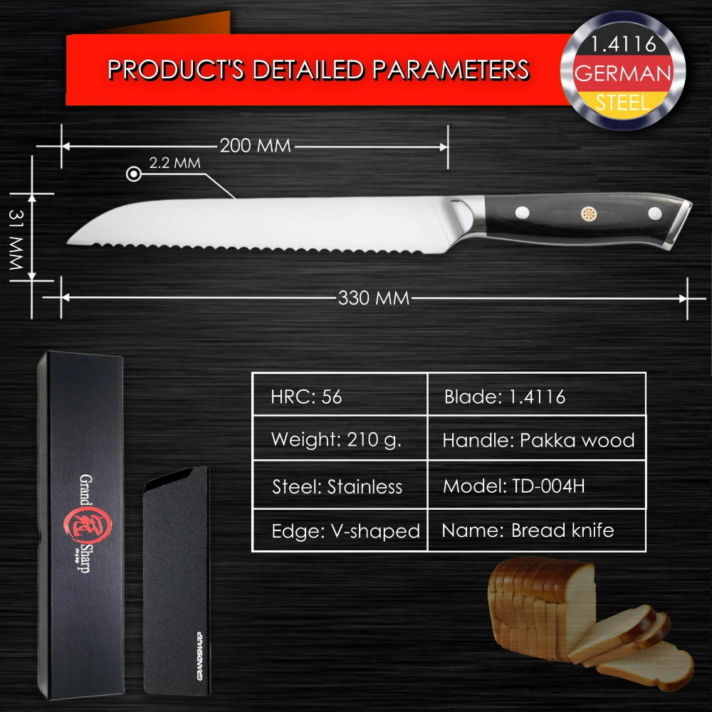 Grandsharp кухонные ножи Германия 1,4116 высокоуглеродистая Нержавеющая сталь Santoku склеивание инструменты для домашнего приготовления японский нож - Цвет: 8 inch bread