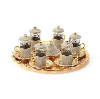 

Turkish Tea set Gold Plated Crystal Stone Coated Handmade Six persons and Twenty seven pieces Turkish Tea Set Six Stylish Tray