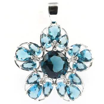 

38x31mm Multi Color Created Dark London Blue Topaz for Women Flower Design Drop Shipping Silver Pendant
