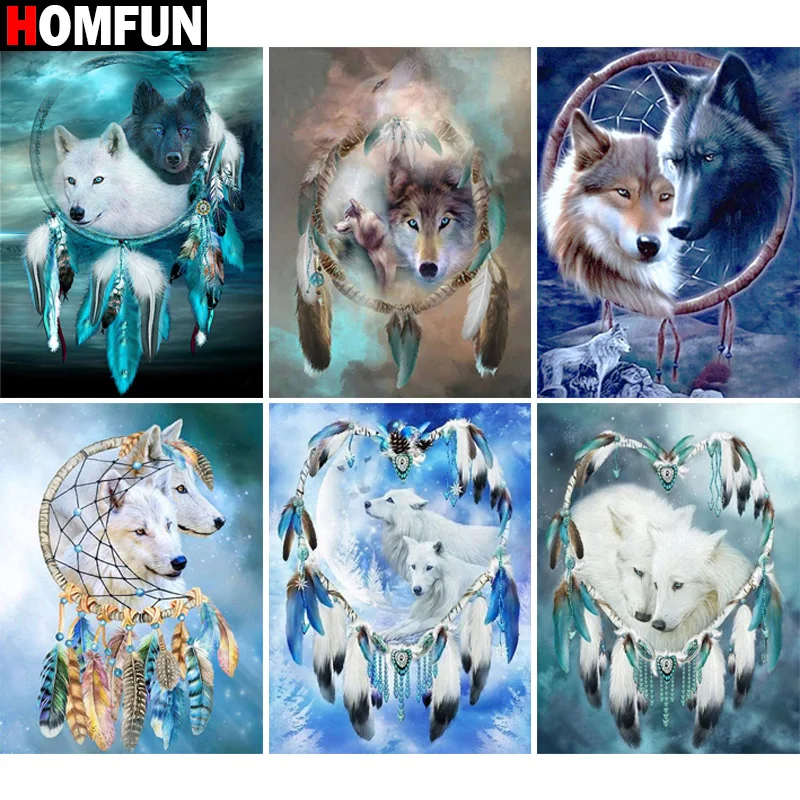 HOMFUN Paint With Diamond Embroidery "Wolf Feather" Diamond Painting