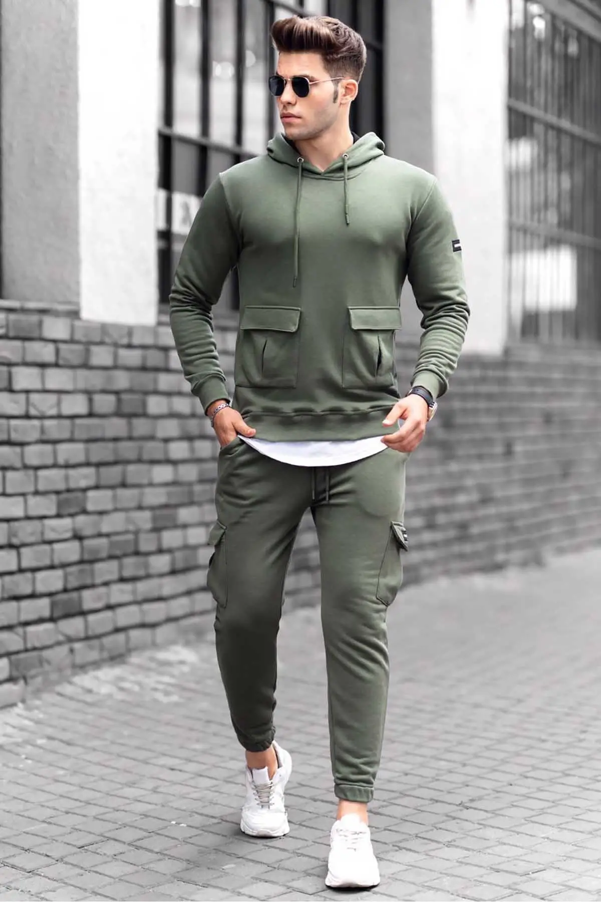 Gray Pocket Detailed Men's Sweatshirt Tracksuit Set 2021 New Season Cotton Polyester Fabric 2 Pieces