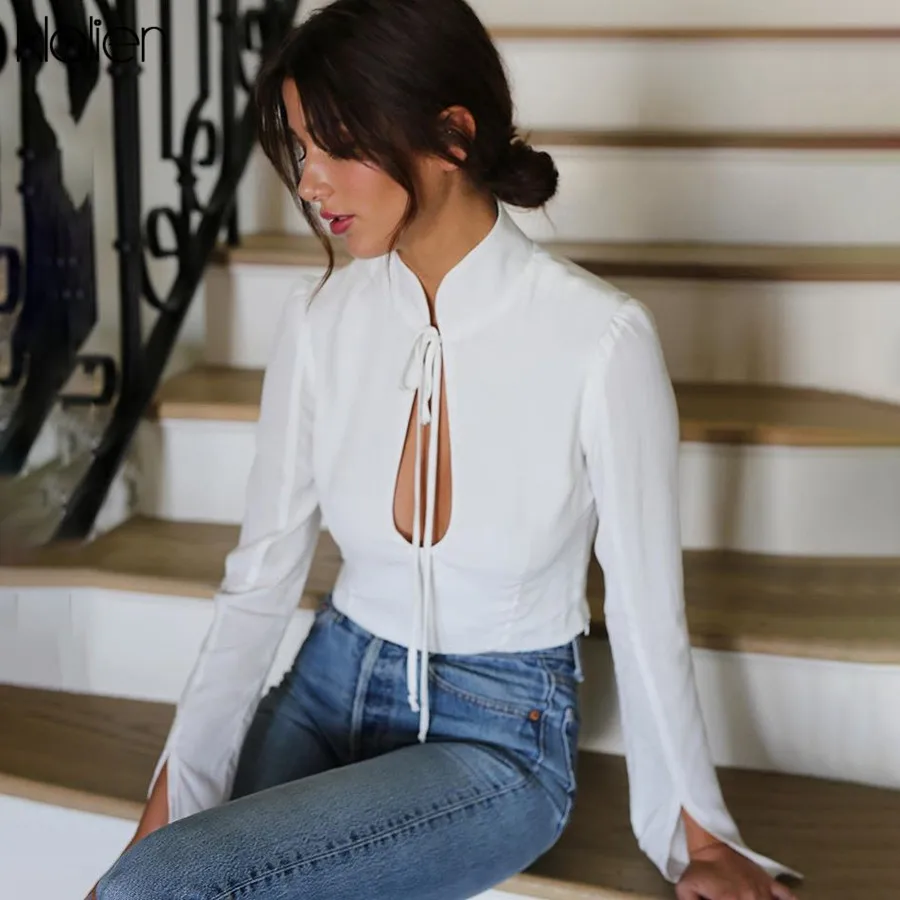 Kalien элегантный галстук-бабочка женские Топы с длинным рукавом Водолазка