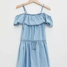 Дефакто, летнее модное джинсовое платье на бретельках для девочек детские повседневные плиссированные платья на шнуровке простая Удобная новинка, M3236A619HS