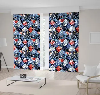 

Curtain Tropic Jungle Red Flowers Blue Plants Palm Leaves Pattern Patchwork Style Floral in Modern Art Printed