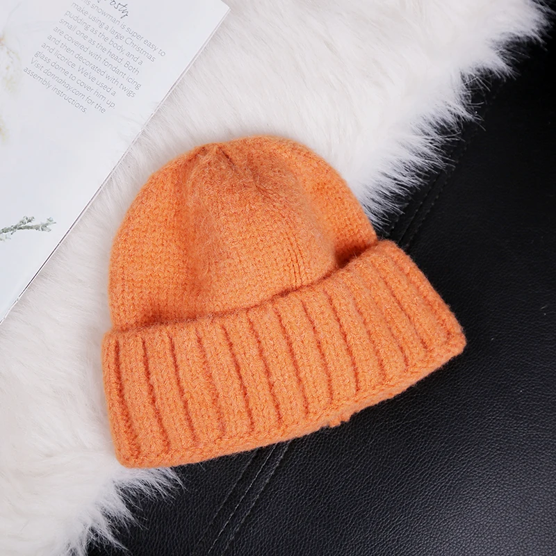 Шапка дыни, одноцветная, хлопок, кроличья шерсть, зимние шапки для женщин, теплая шапка с помпоном, вязаная шапка, повседневные зимние шапки бини для мужчин