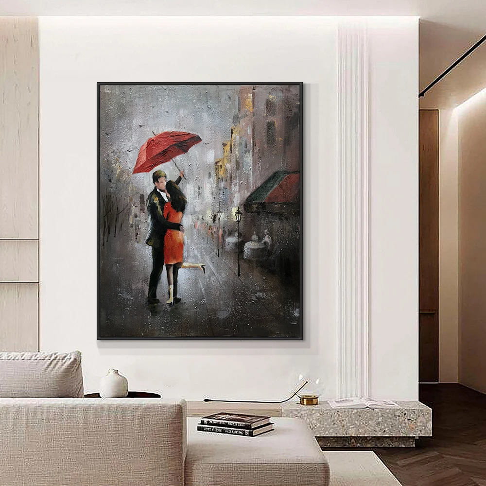 

Modern Oil Painting Lover Walking In The Rain With Red Umbrella 100% Hand Painted On Canvas Living Room Home Decor Wall Art