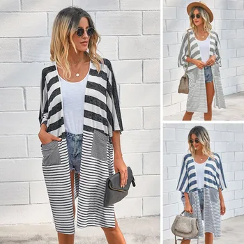 

2020 Fashion Autumn All-match Striped Loose Backless Cardigan Jacket Women Long Coat