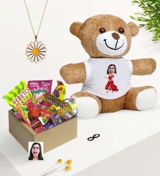 

Personalized Women 'S Mannequin Caricature Of Nostalgic Lezzetler Plush Teddy Bear Daisy Necklace Gift set