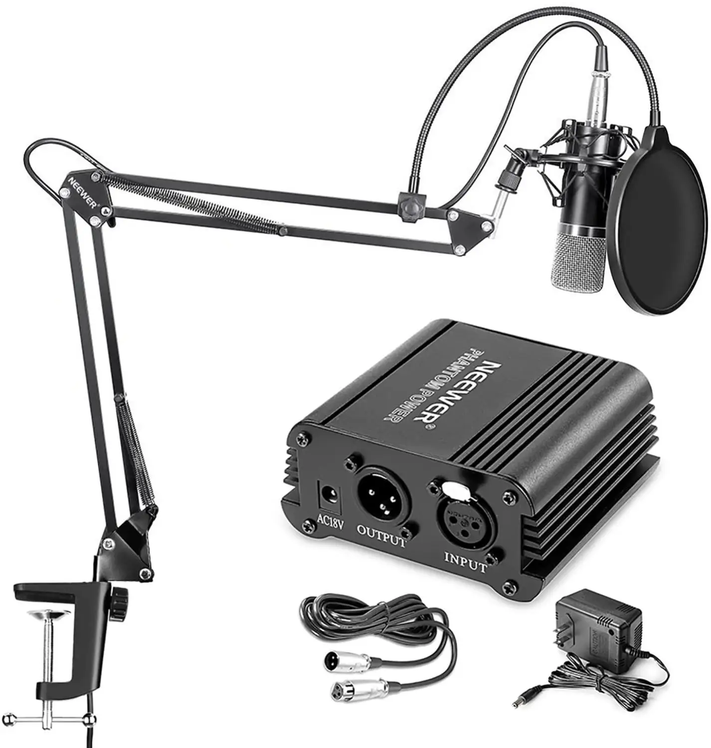 Neewer® NW-700 Condenser Microphone & NW-35 Suspension Boom Scissor Arm Stand with Mounting Clamp & 48V Phantom Power Supply