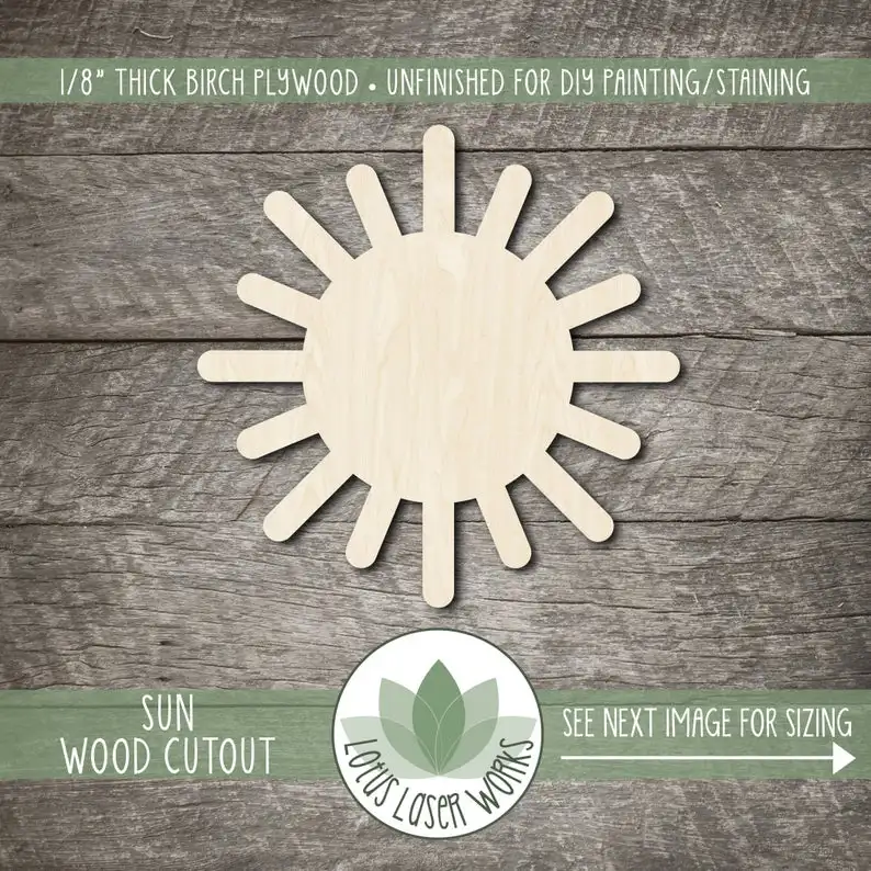 

Wood Sun Cutout, Blank Wood Craft Embellishments, Wooden Sun Shape