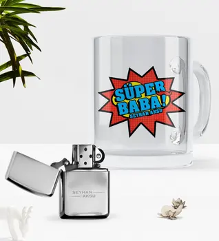 

Personalized Super Dad Glass Mug Cup Gasoline Metal Lighter Seti-2