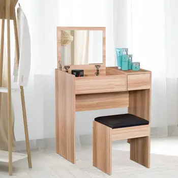 

Dresser with Stool Mirror Hinged Lid Table for Makeup 3 Boxes and 1 Drawer