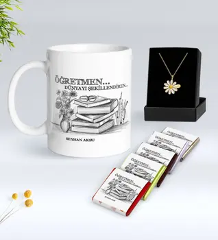 

Personalized Teacher White Mug Chocolate and Is Daisy Necklace Gift Seti-1