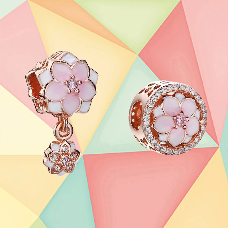 

2021 New Style 925 Sterling Silver Rose Magnolia Charm, Suitable For Pandora Bracelet Making Fashionable Diy Jewelry