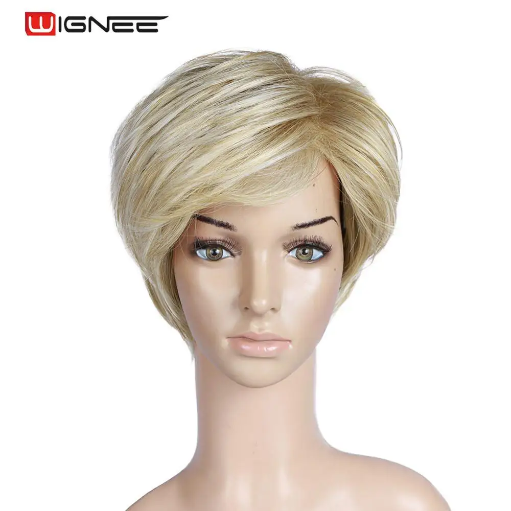 

Wignee Short Straight Hair Synthetic Wigs For African Americans With Bangs Natural Blonde & White Cosplay Hair Women Wigs