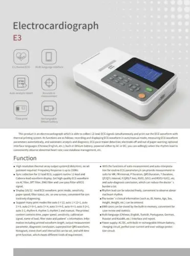 CONTEC E3 ECG Machine 4.3&lsquo;&rsquo; Colorful HD Display Screen 3 Channel 12 Leads Machine Accurate Measurement Auto-analysis Function
