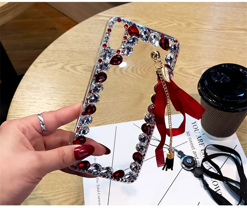Стразы Funda для Oneplus 7 pro 7 6 6T 5 5T 7Tpro чехол 3D прозрачное стекло камень лента кисточка ручной работы Telefon Kilifi чехол для телефона - Цвет: RED