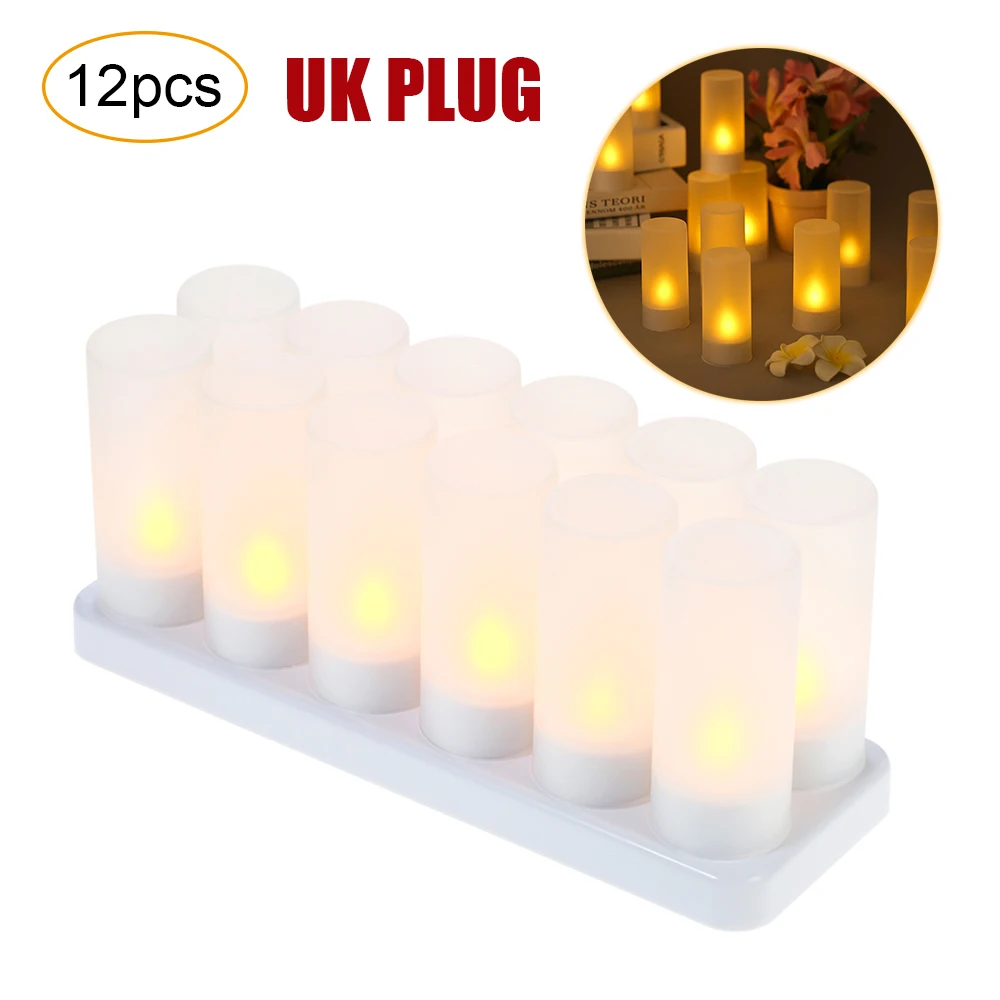 12pcs UK PLUG Перезаряжаемые светодиодный мерцающий беспламенные Свечи Чай светильник свечи светильник s с матовыми чашками Зарядная база желтый светильник 4/6/12 шт./компл - Цвет: 12pcs UK PLUG