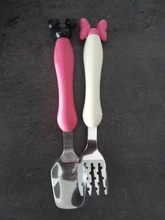 Juego de tenedor cuchara de seguridad de acero inoxidable para bebé, 2 uds., cubiertos de alimentación para niños pequeños, ratón de dibujos animados, vajilla MBG0359