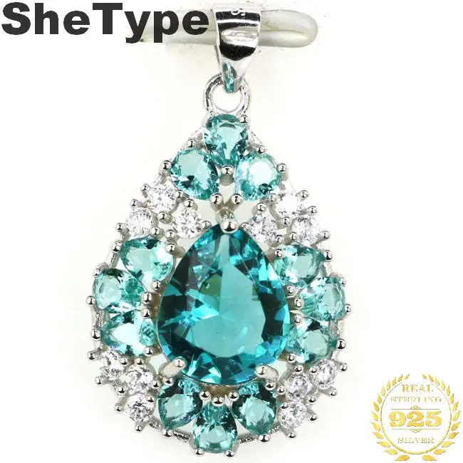 

30x18mm Beautiful Pear Shape 3.1g Created Blue Aquamarine White CZ Wedding Ladies 925 Solid Sterling Silver Pendant