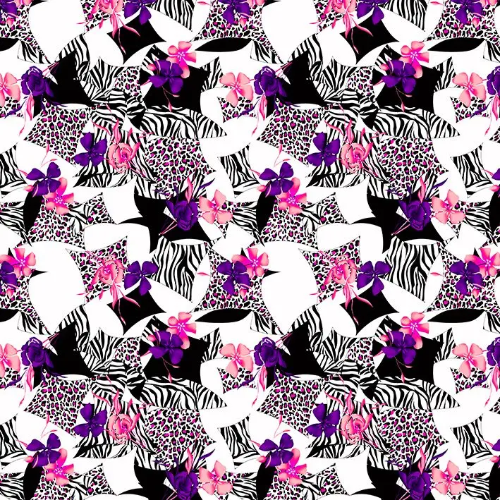 Tropical Flowers and Animal Prints Zebra Leopard Pattern Stylish Colorful Artwork Black White Purple Pink Curtain