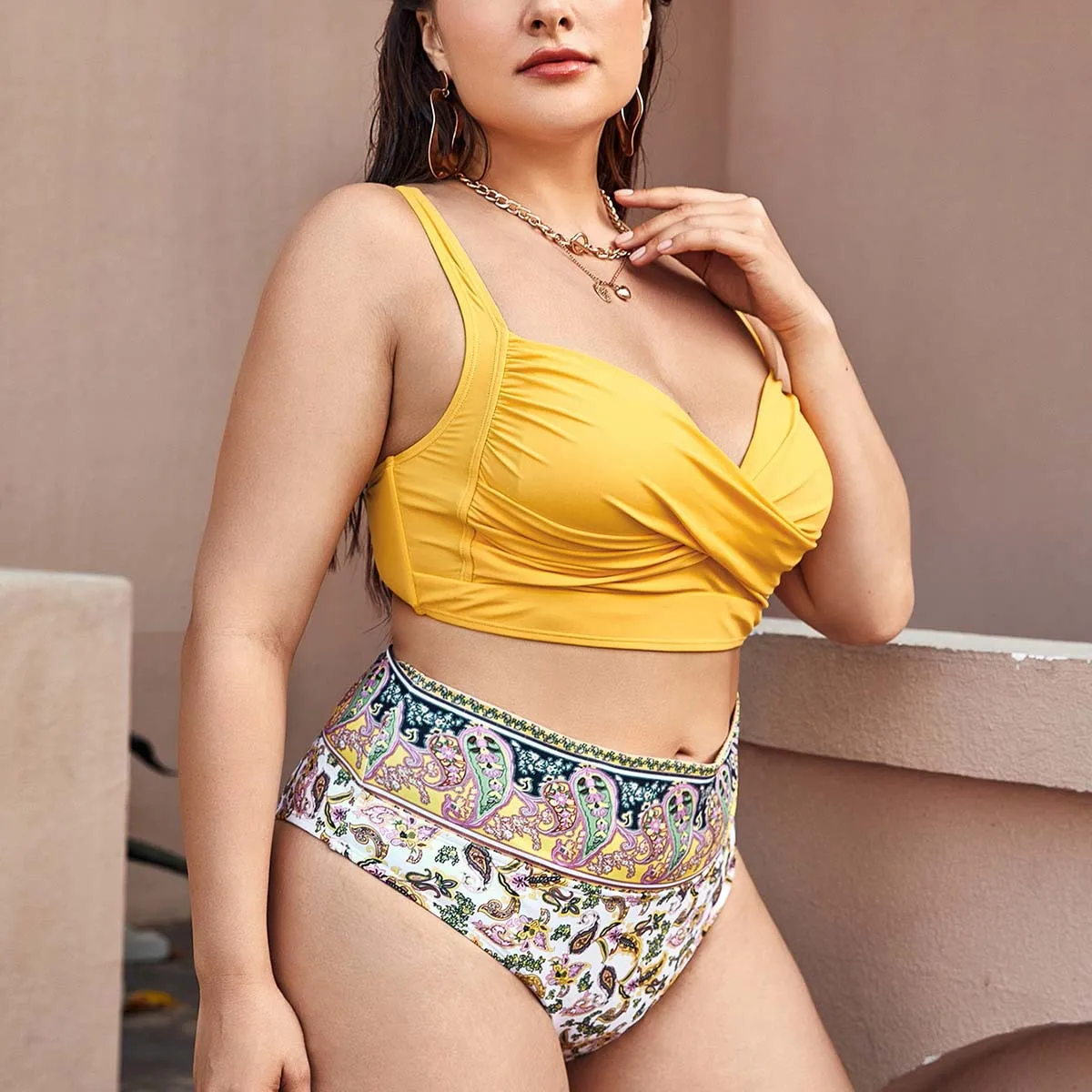 Women's summer suits Yellow Women beach tunic High Waist Plus Size Split Swimsuit Print Lace-Up Swimsuit cheeky bikini sets