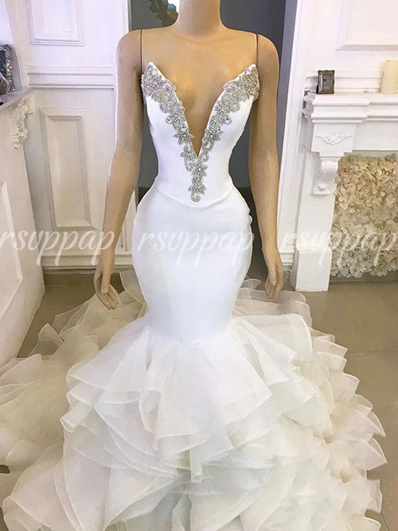 #^Special Price Luxe Mermaid Sexy V-hals Bridal Bruidsjurken Kristallen Afrikaanse Wit Satijn Met Organza Trompet Trouwjurk 2019