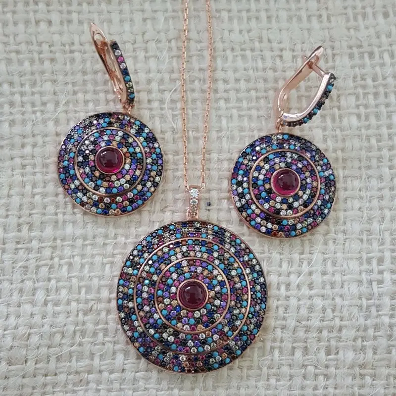 

Silver Set 925 Silver Multi Color Wheel Ring Earing Necklace Set