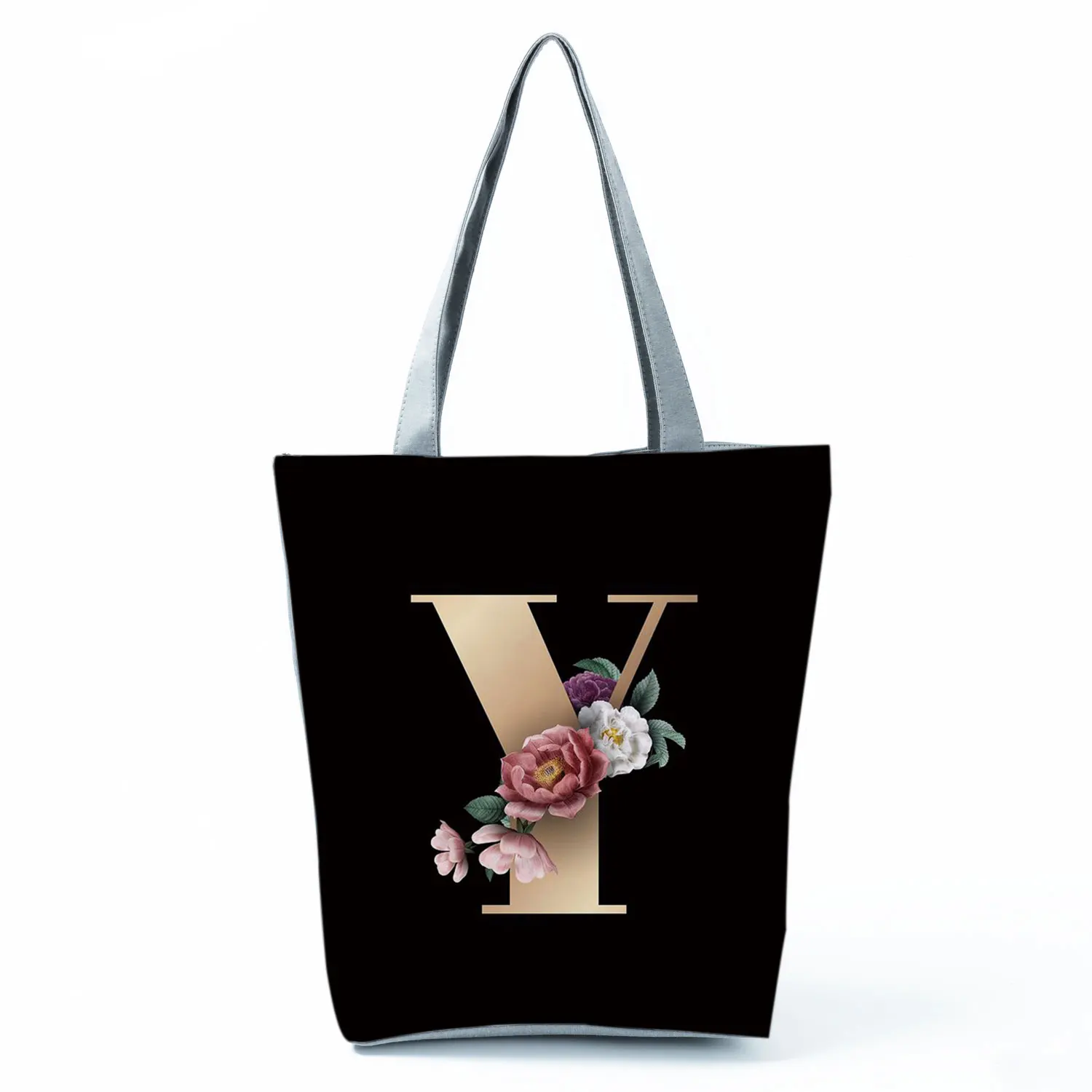 Gold Letter Floral Printing Black Shopping Bag Ladies All-match Handbag Foldable Shopper Harajuku Style Bag Eco Student Tote Bag